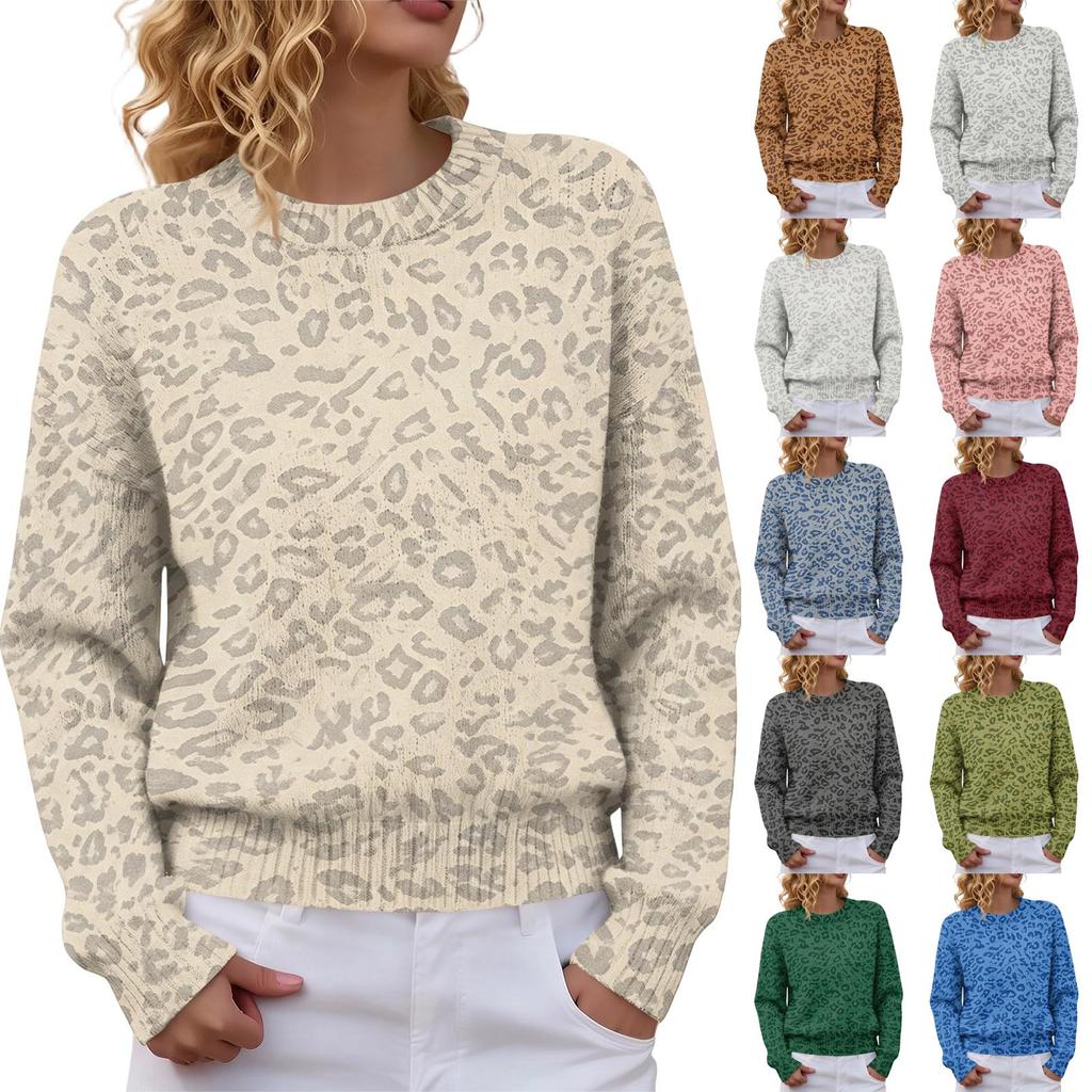 Pull à col rond et manches longues pour femme, motif léopard doux, pour l'automne et l'hiver