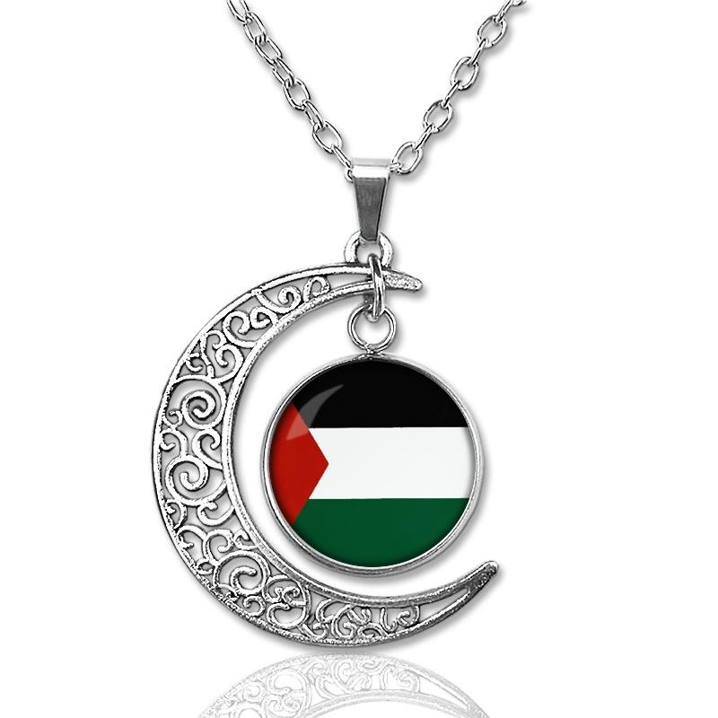 Palestine Gaza Women Flag Alloy Pendant Necklace Hollow Moon Accessory Sweater