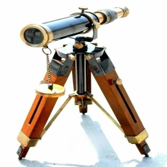 Brass Telescope With Wooden Tripod Stand Maritime Nautical Vintage Desk Décor