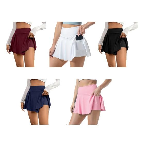 Yoga-Rock mit hoher Taille, einfarbig, für Damen, Sportrock mit Innenhose, dehnbarer, weicher Stoff, Taschen-Design, Tennisrock