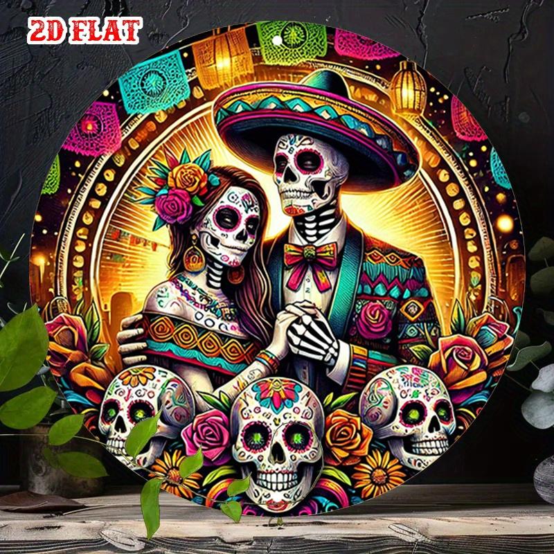 D Flat Pc Day of the Dead Round Aluminum Sign Vibrant Mexican Culture Wall Art with Skeleton Couple Skulls Roses
