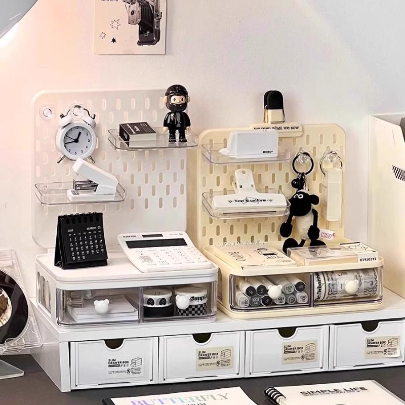 Desktop Storage Rack Pegboard with Clear Drawer Desk Organizer Office Table Sundries Organizing Box Hook Accessories Shelf Cute