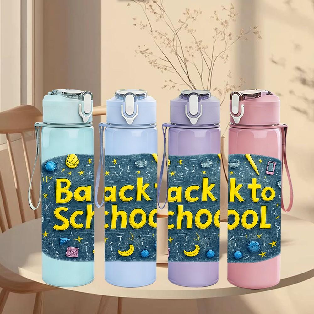 1PC Back To School Badge Design 750ml Color Plastic Sports Water Bottle Leakproof Flip Straw Lid Suitable for Sports Office Home Use
