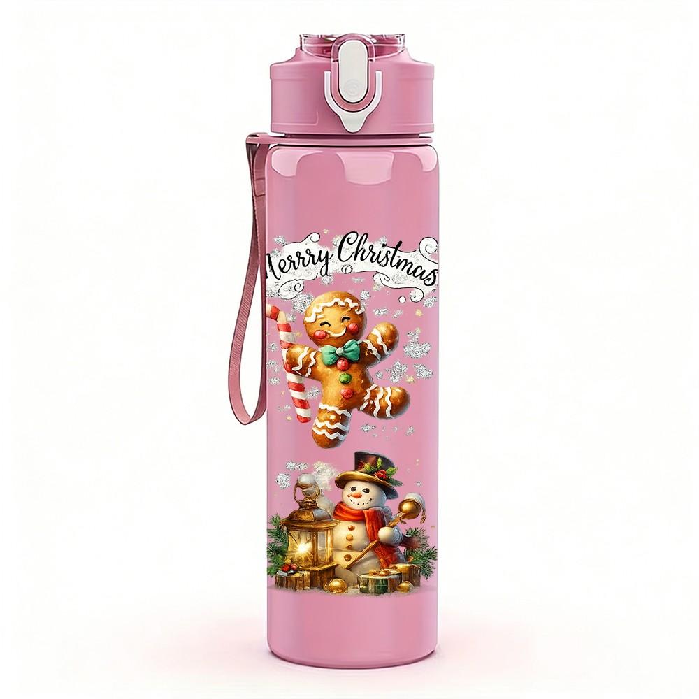 1PC Christmas Bear Holiday Cartoon Print 750ml Color Plastic Sports Water Bottle Leakproof Flip Straw Lid Suitable for Sports Office Home Use