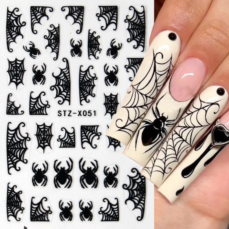 Halloween Nail Art Stickers Heart Spider Webs Designs Bat Moon Star Sliders Self-Adhesive Decals For Festive Manicure