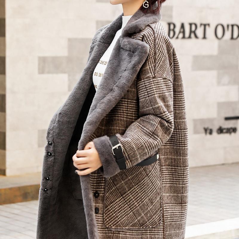 Plaid Faux Leather Fur Parka Coat Women Autumn Winter New Lamb Fur Female Overcoat Add Velvet To Keep Warm Outerwear