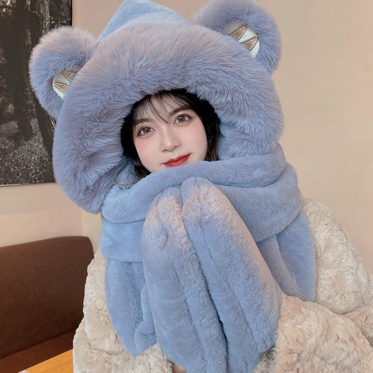Écharpe à Capuche Épaisse et Chaude Petit Ours Mignon Gants d'Hiver Ensemble Trois Pièces Chapeau pour Femmes