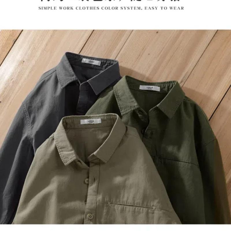 Spring and Fall Long Sleeve Men Shirts Japanese Style Casual Shirt 100 Cotton Workwear Men Tops Turn-down Collar Slim Fit Shirt with Pocket