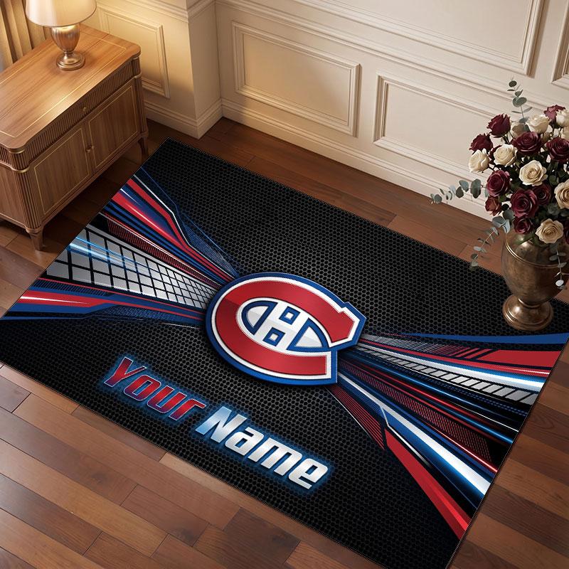 Alfombra de Cristal de Terciopelo Personalizada Montreal Canadiens, Alfombra Suave Antideslizante con Texto de Nombre Personalizado para Sala de Estar Dormitorio