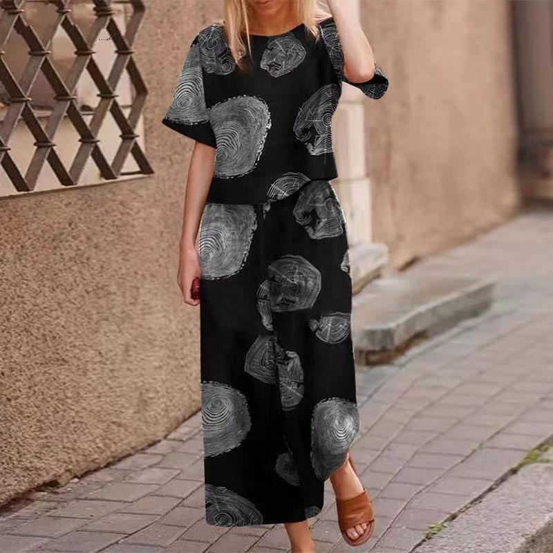 New Summer Women's Cotton And Linen With Floral Printed Short Sleeves Loose Casual Large Size Plus Nine Point Pants Suit