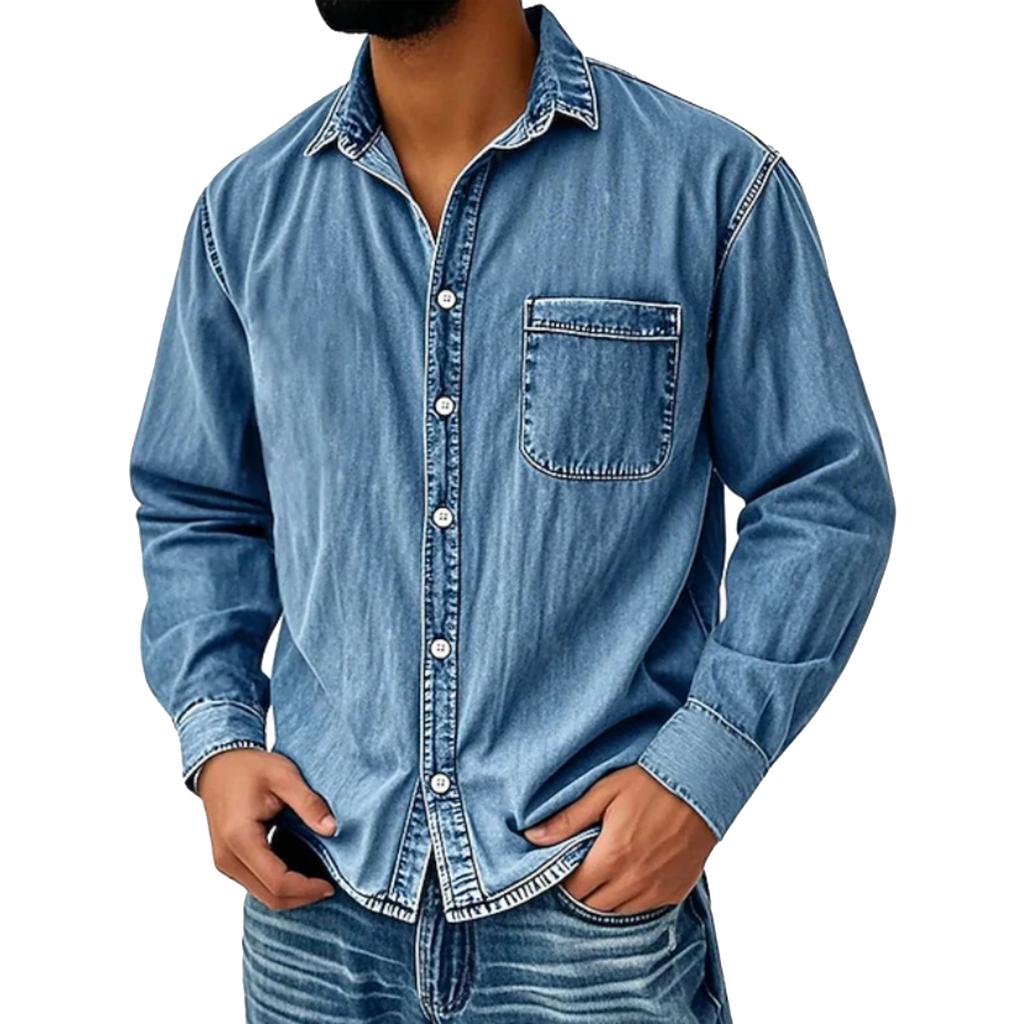 Men's Casual Color Distressed Denim Shirt, Men's American Workwear, Retro Washed Long-sleeved Top