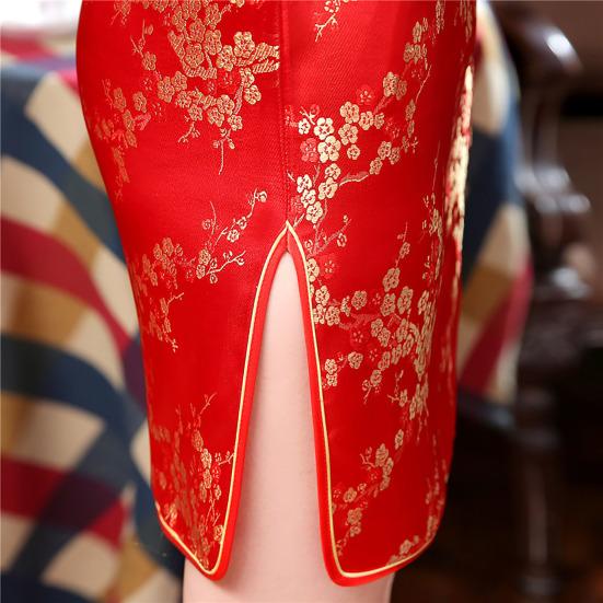 Women Summer Cheongsam Stand Collar Plum Blossom Print Short Sleeves Split Hem Qipao Slim Fit Retro Above Knee Length Wedding Party Cocktail Dress