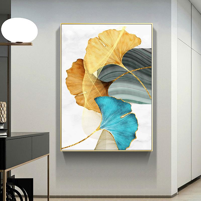 Golden Blue Leaf Plant Canvas Painting Modern Abstract Wall Art Poster and Print Nordia Pictures for Living Room Home Decoration