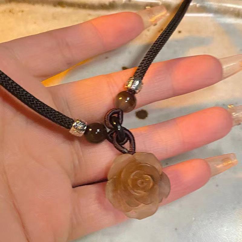 Chinese Style Beaded Camellia Flower Peace Buckle Pendant Necklace Sweater Chain Necklace Jewelry Gift