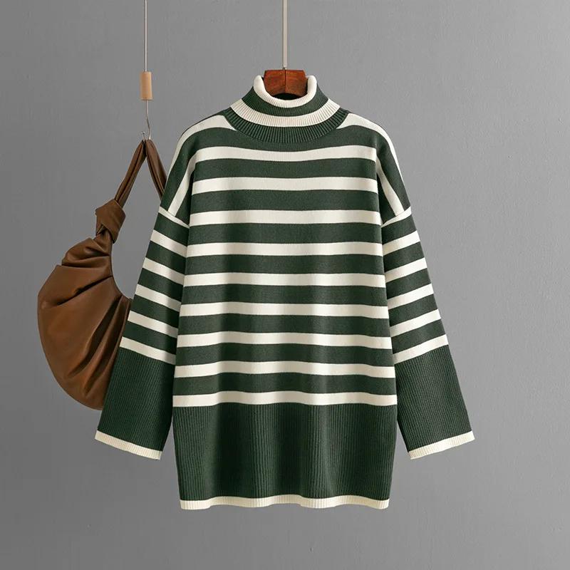 Striped Turtleneck Women Clothing 2024 Autumn and Winter New Loose Long Sleeve Tops Knitted Pullover Sweater Women