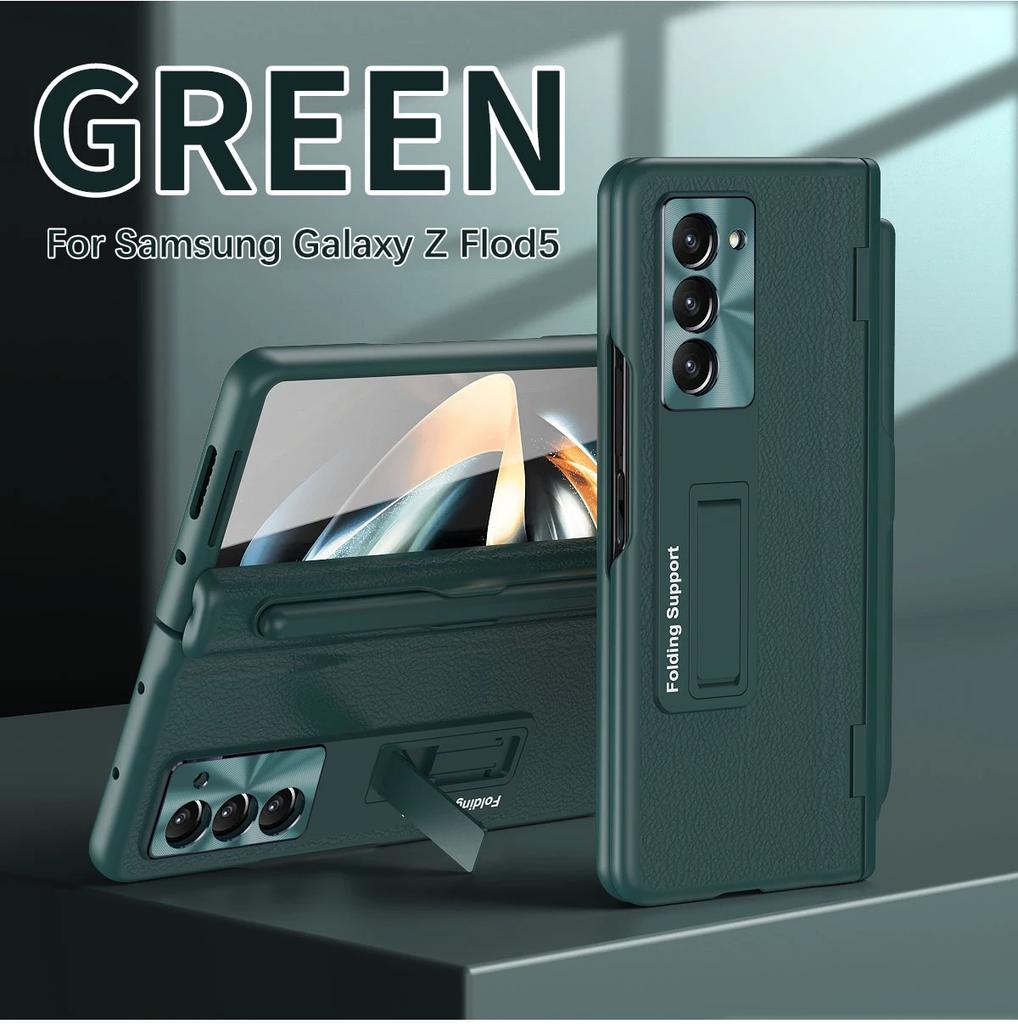Com Estojo para Caneta Touch Para Samsung Galaxy Z Fold 7 Dobradiça de Couro Fold 6 5 4 Protetor de Tela Película Temperada Capa com Suporte Dobrável