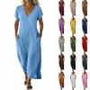 Women’s Short Sleeve V Neck Midi Dress with Pockets Loose Fit Linen Casual Summer Dress for Daily Wear