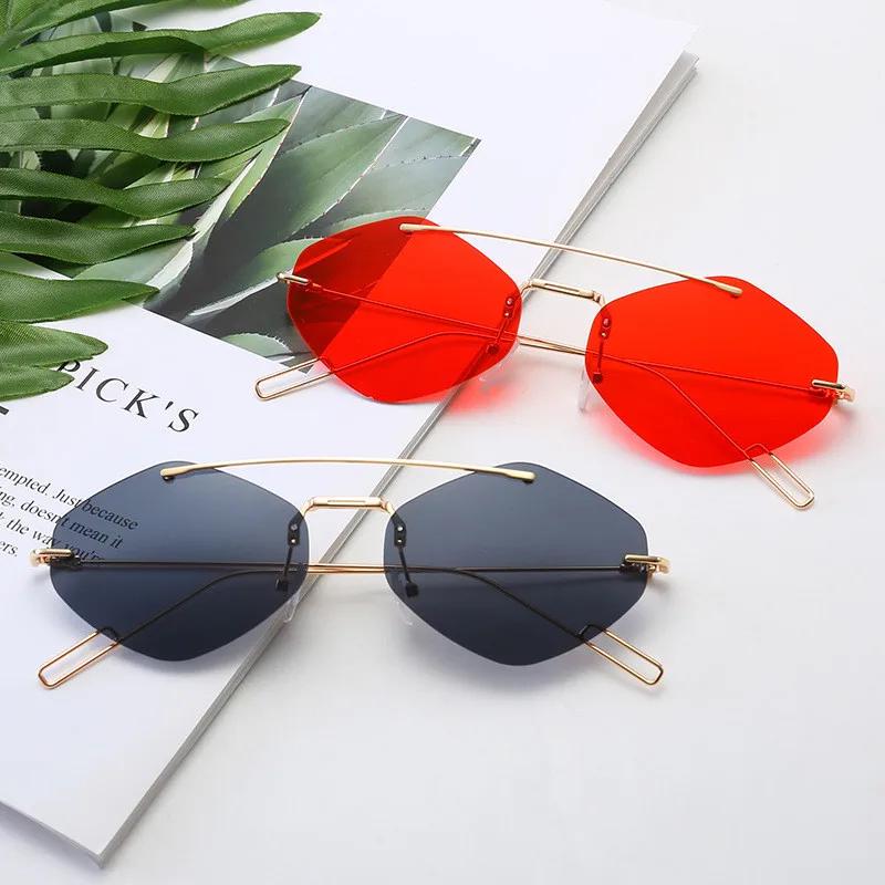 Trendy Rimless Sunglasses Women Luxury Designer Metal Small UV400 Polygonal Eye Protection Sun Glasses