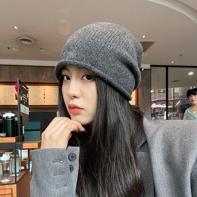 Wool Knitted Hat for Women In Autumn and Winter Face Showing Small Curled Heap Pile Hat  Warm Confinement Hat Ear Protection Gray Cold Hat for Men