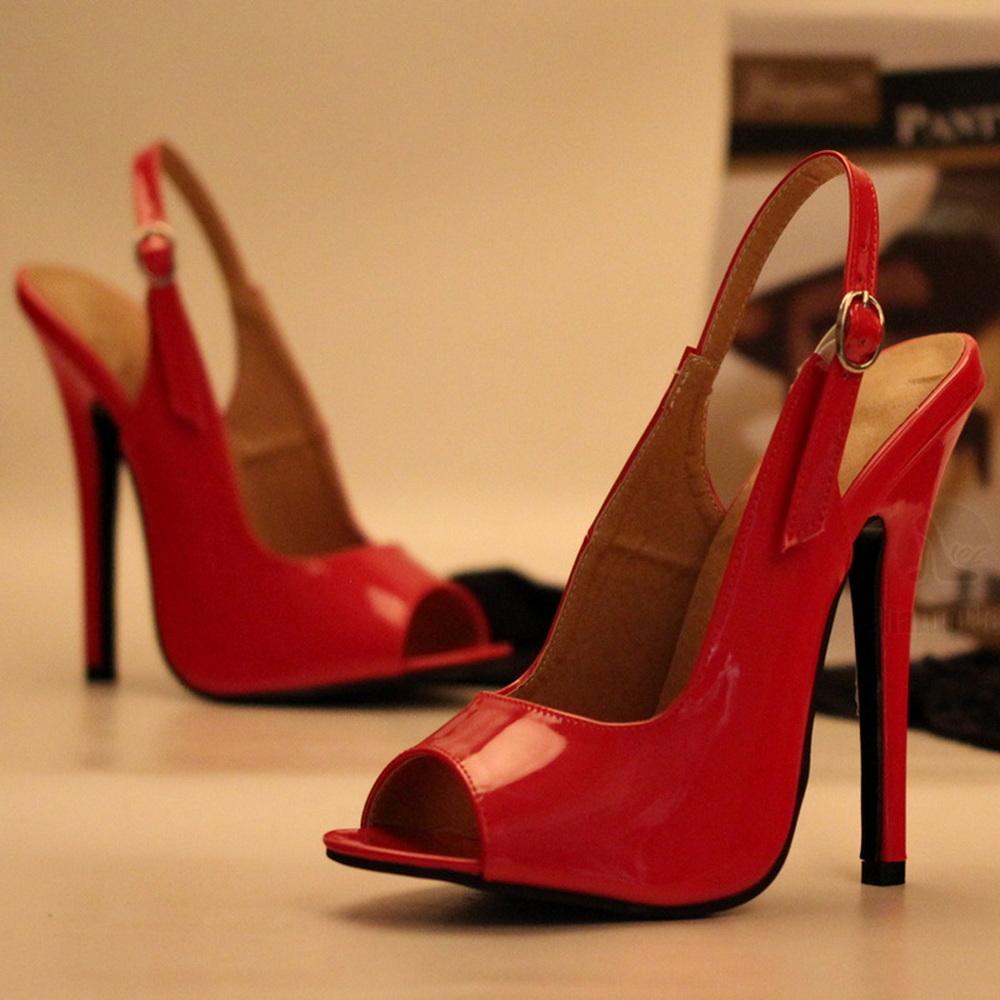 Mode FHC 14CM Höga Klackar,Lackläder Damskor,Baksida Utskuren Män Fetischskor.Peep Toe,Ankelspänne,Röd,Anpassad Färg