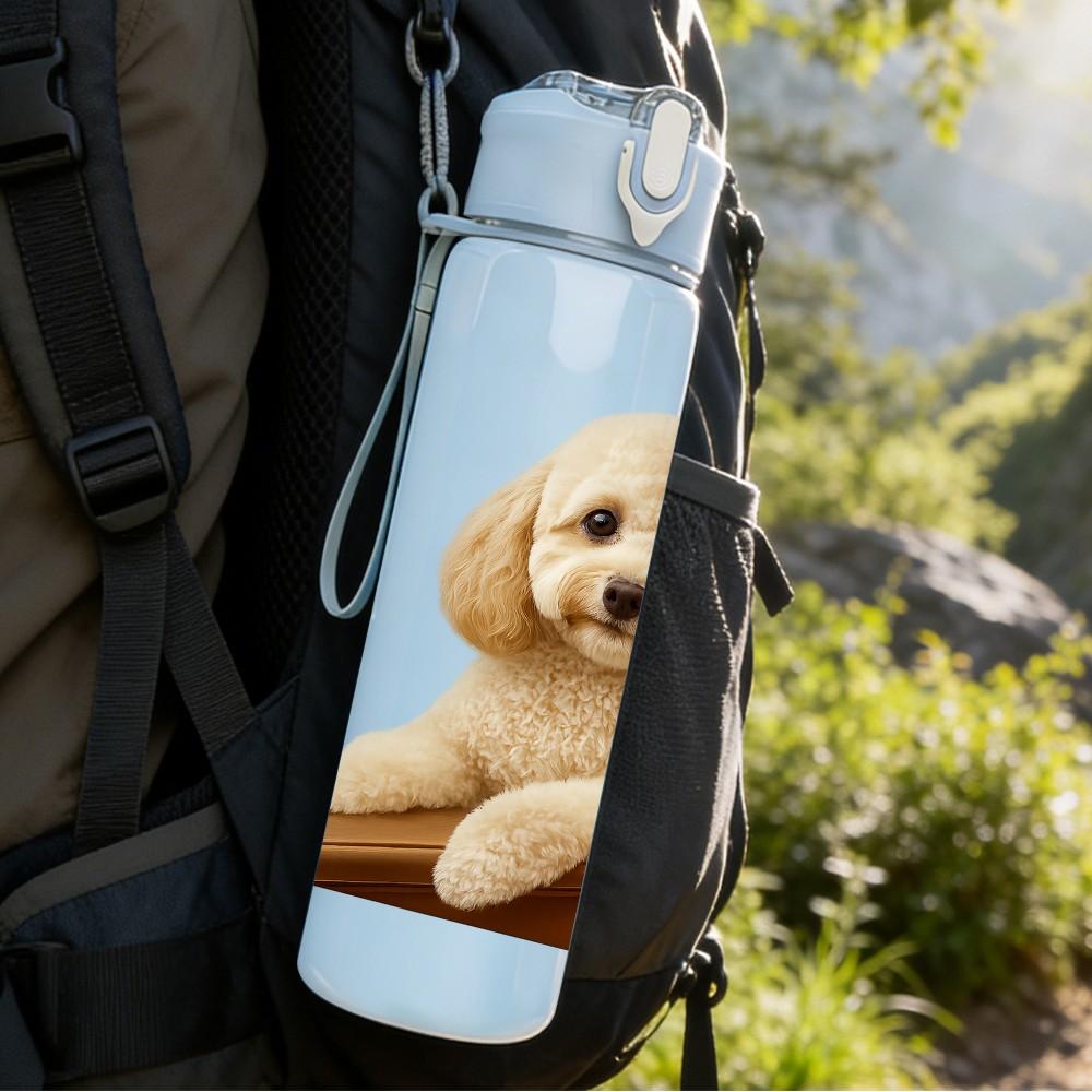 1PC Poodle Puppy Wooden Box Portrait 750ml Color Plastic Sports Water Bottle Leakproof Flip Straw Lid Suitable for Sports Office Home Use