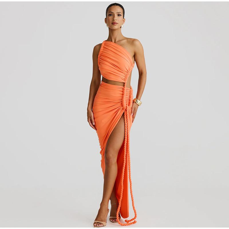 Fashion Asymmetrical Ruched Backless High Split Long Dress Woman Sexy Slant Shoulder Hemp Rope Hollow Out Summer Vacation Dresses