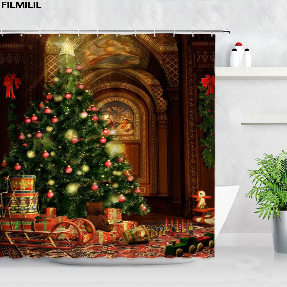 Retro Oil Painting Christmas Shower Curtains Santa Claus Garland Xmas Tree Vintage Fireplace New Year Decor Bathroom Curtain Set