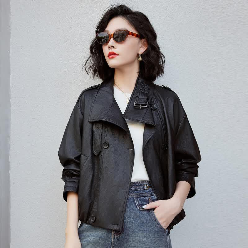 Women's Cropped Washed Leather-Look Jacket