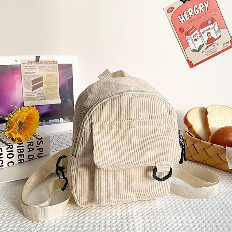 Mini Sac à Dos pour Femme Couleur Unie Velours Côtelé Petit Simple Décontracté Voyage Grande Capacité Durable Sac d'École pour Femme
