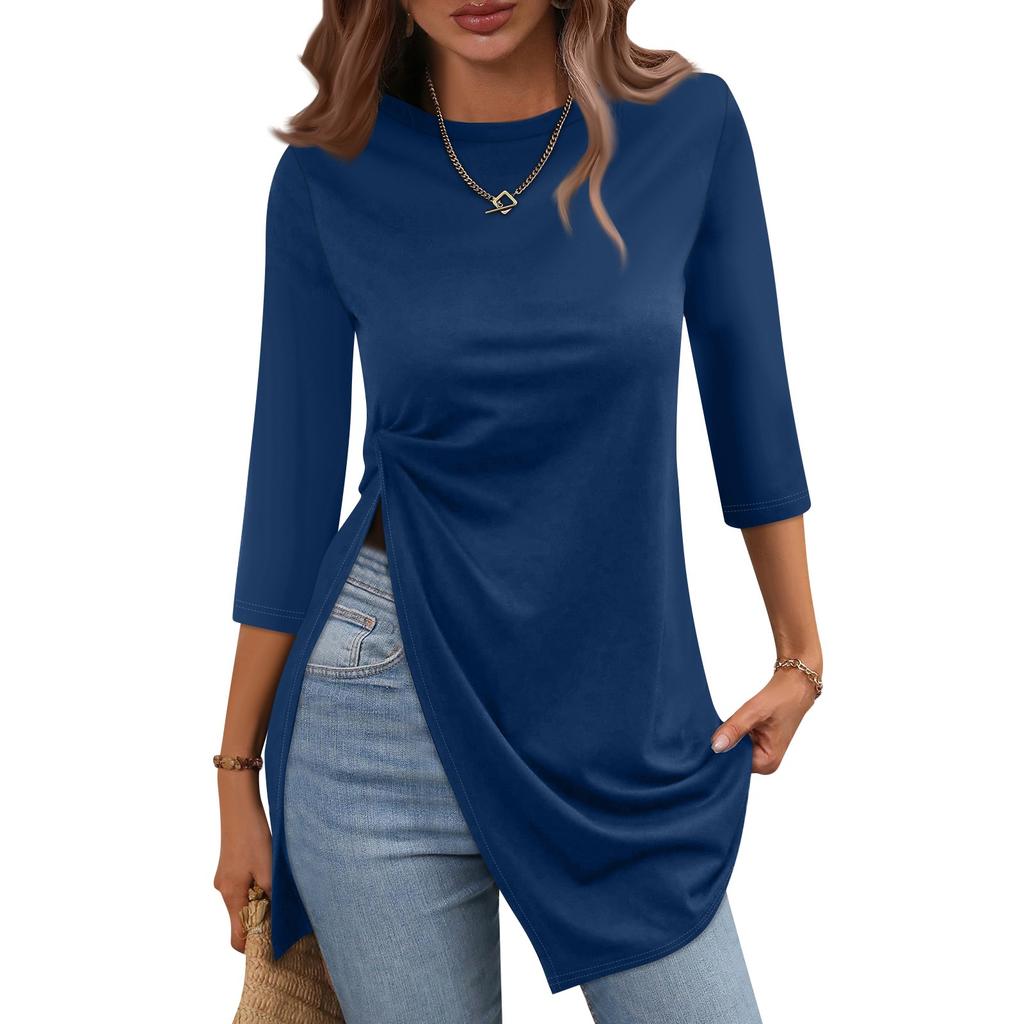 Women's Fashion Casual Split Hem T Shirt Round Neck  3/4 Sleeve  Short Sleeve