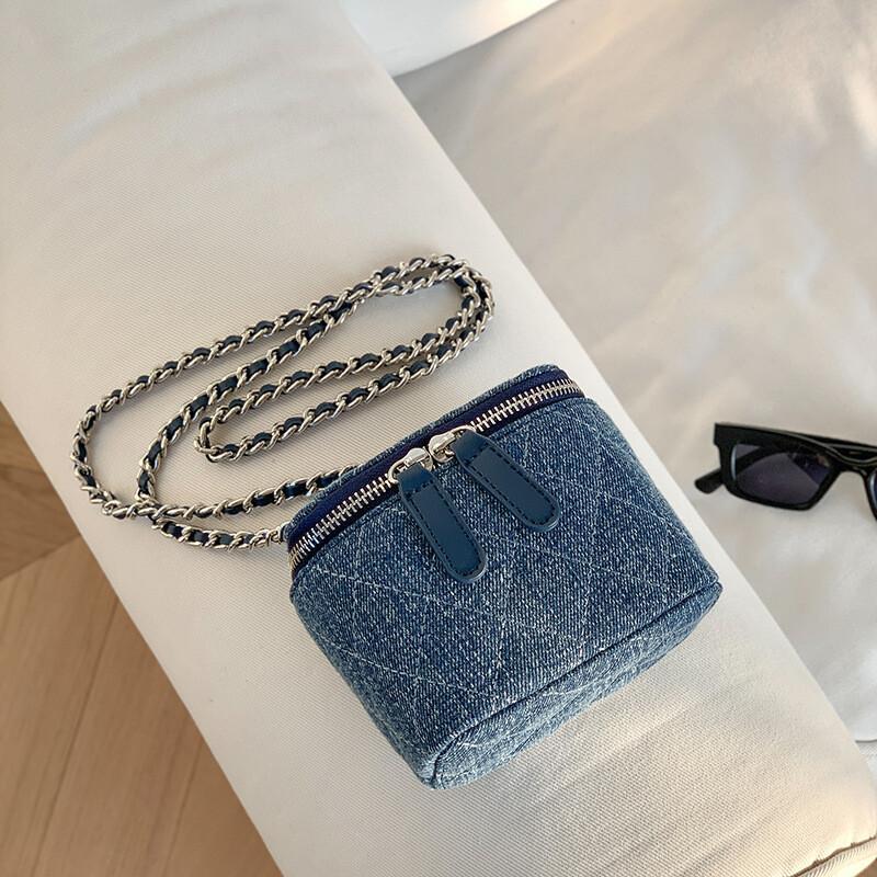 Neue tragbare Mini-Umhängetasche aus Denim-Stoff, vielseitige Retro-Messenger-Taschen, Ling-Grid-Kette, multifunktionale Box-Tasche