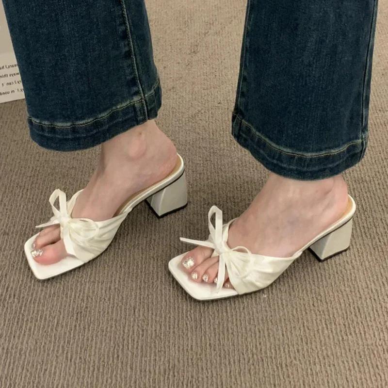 Bow Chunky Summer Shoes 2026 New Sexy High Heels Women Slippers Sandals Designer Flip Flops Open Toe Party Pumps Slides