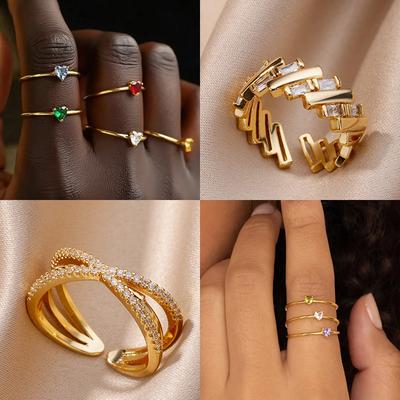 Zircon Heart Birthstone Rings For Women Gold Color Adjustable Stainless Steel Birthstone Heart Ring  Wedding Jewelry Gift Bff