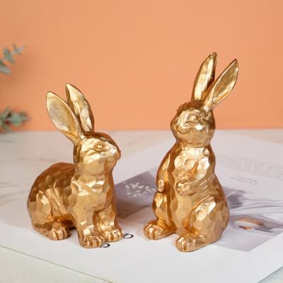 2Pcs Easter Bunny Ornament Carved Golden Rabbit Resin Figurine Animal Statue Home Office Holiday Party Desktop Decoration