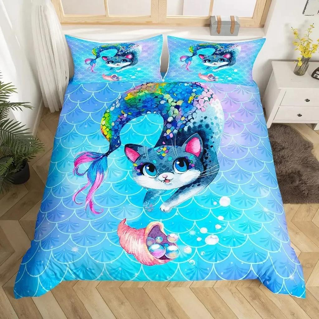 Rainbow Cartoon Cat Colorful Mermaid Comfortable Duvet Cover Pillowcase Bedding Set Children Bedroom Decoration Home Textile