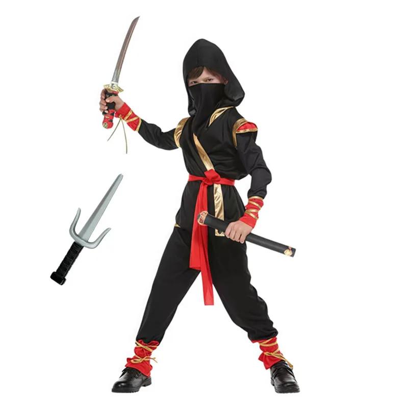 3-12J Kinder Ninja Samurai Cosplay Kostüm mit rotem Schwert und Gabel Vollständiges Set Japanischer Krieger Cosplay Halloween Verkleidungskostüm
