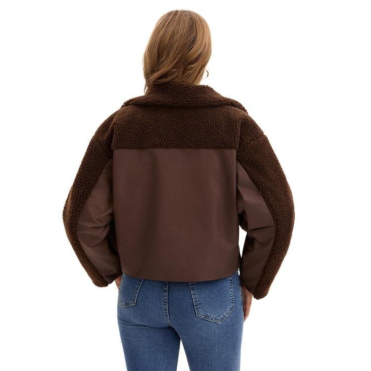 Vintage Style Womens Plush Fleece Bomber Jacket Windproof Warm Loose Fit Lapel Zipper Short Coat Long Sleeves Outerwear Autumn Winter Tops