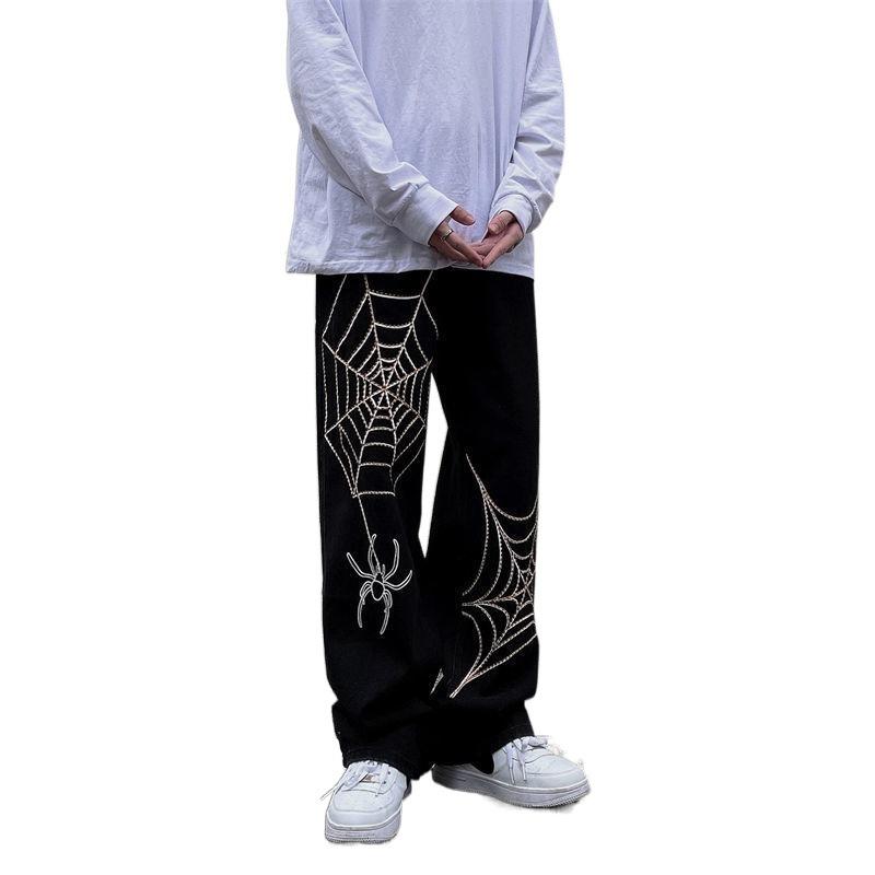Lente- en herfstherfst herenbroek met print, wijde pijpen en geborduurde jeans