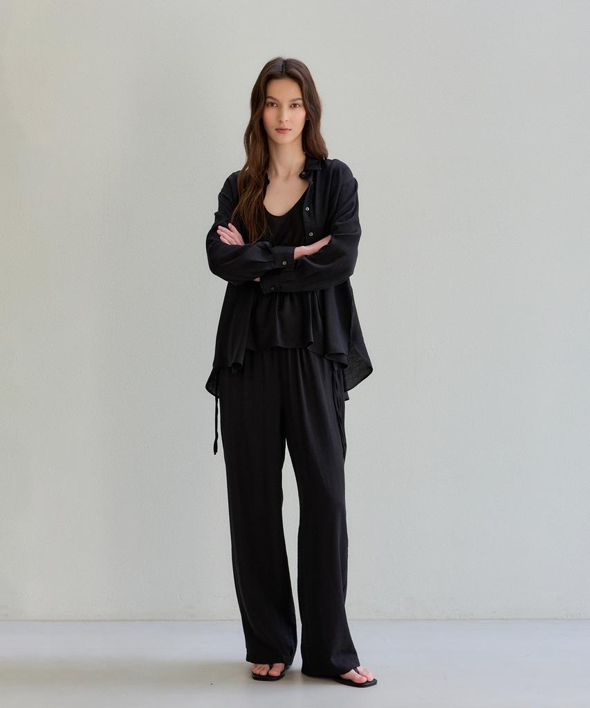 THEELO Airy Linen Blend Elastic Waist Pants (Black)