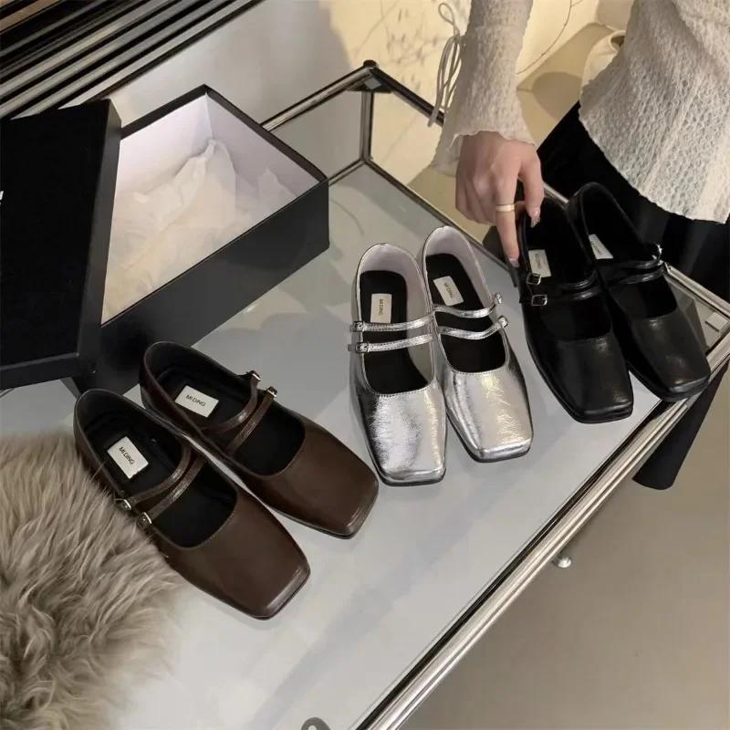 High Quality Shoes for Women Fashion One-word Buckle Women's Flats Square Toe Solid Shallow Mouth Dress Daily Mary Jane Shoes