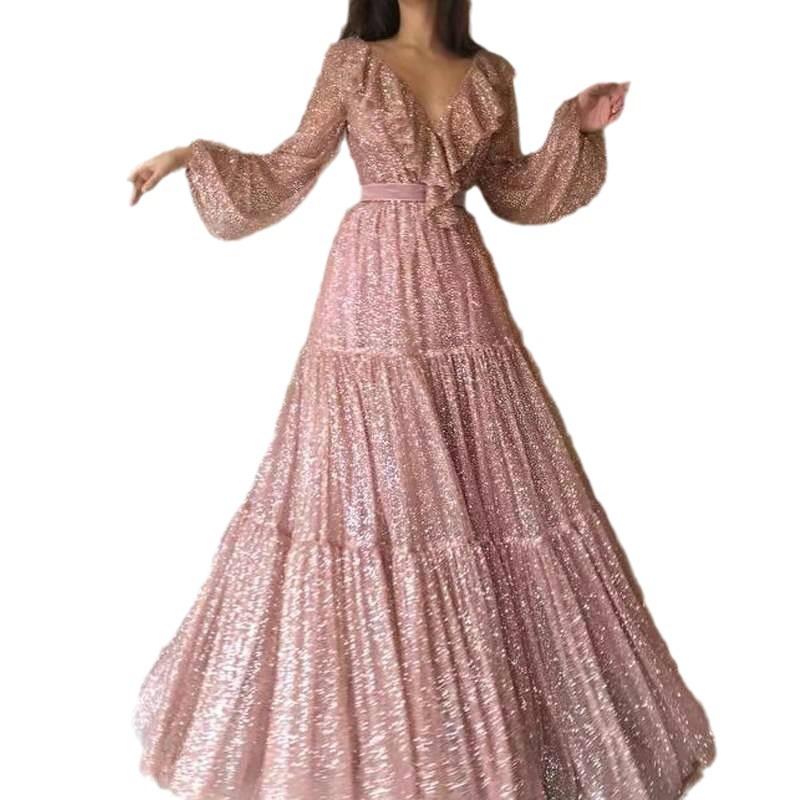 Spring and summer new European and American women's dress sexy long-sleeved V-neck gold pendulum evening dress, long dress