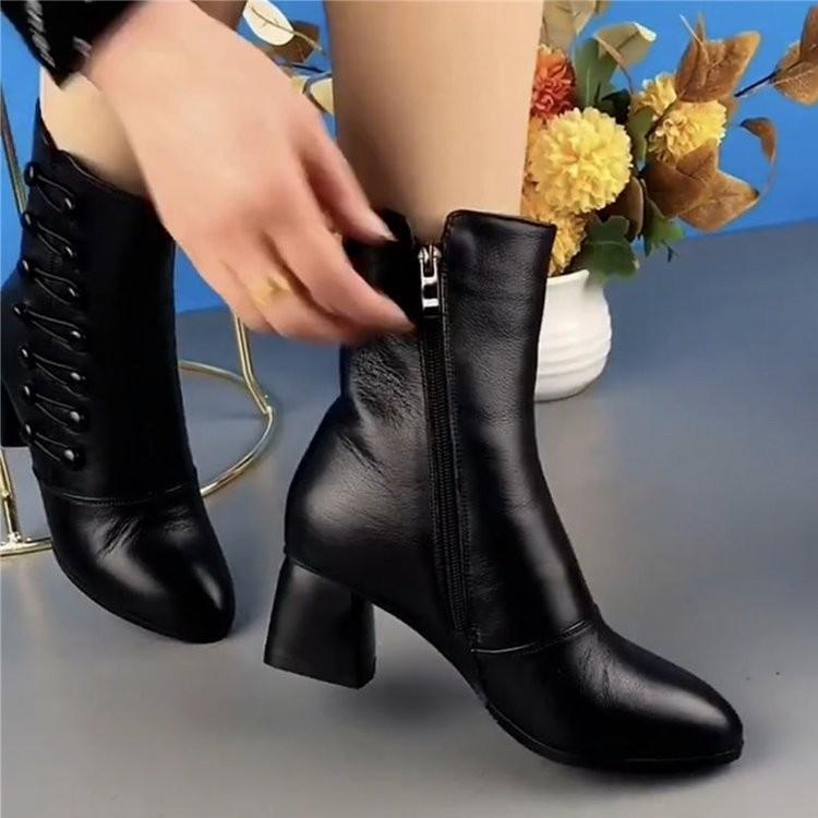 Stivaletti corti in morbida pelle da donna, moda autunno e inverno, stivali con tacco medio e tubo centrale, stivaletti corti con suola morbida per la mamma