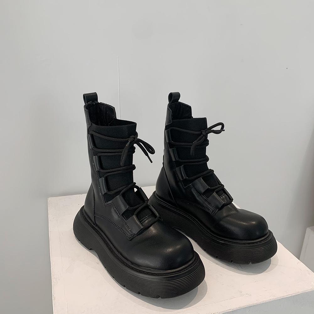 2025 autumn new retro British style fashion lace-up elastic boots female Internet celebrities ins versatile thick-soled thin boots