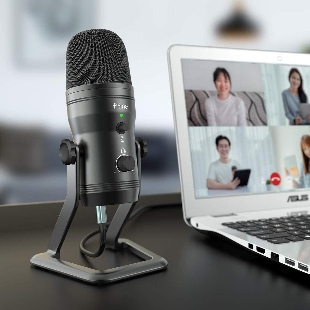 FIFINE USB Microphone Condenser Microphone Stereo Recording Microphone with Mute Button and Headphone Jack for Audio Adjustable for PC Live Compatible