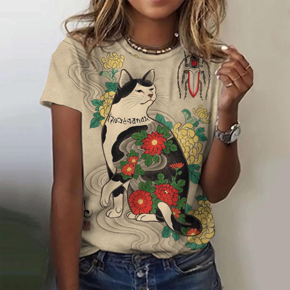 T-shirt da Donna Estiva Girocollo Moda Stampata Cartone Animato Top Casual Ampio Retro Harajuku Manica Corta