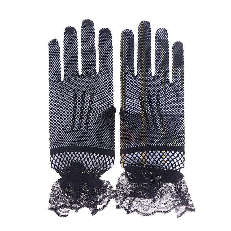 Elegant Short Lace Gloves for Women Sheer Fishnet Prom Party Fashionable Solid Color Full-Finger Mittens