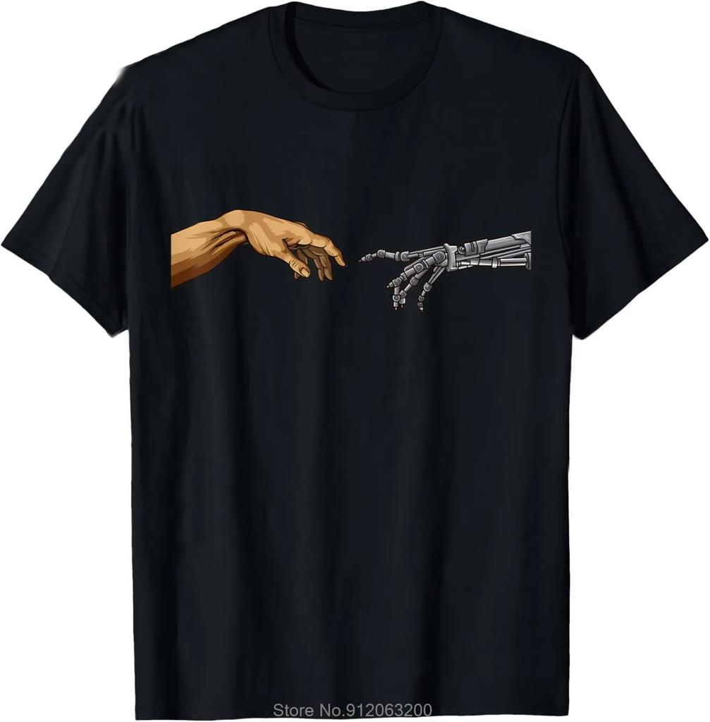 Michelangelo Adams skapelse Händer Cyborg Robotik Rolig AI T-shirt Rolig Mode Grafisk T-shirt Män Bomulls T-shirt Tees