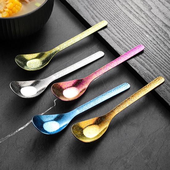 Flat Bottom Titanium Spoon Hammer Pattern Dinner Spoon Dishwasher Safe Long Handle Kitchen Soup Rice Ice Cream Dessert Spoon