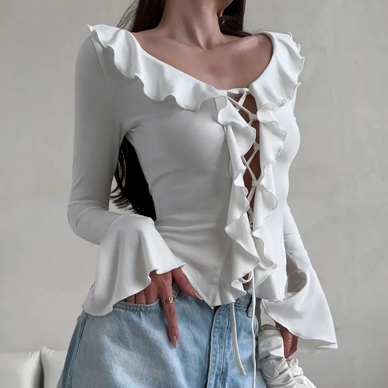 Ruffle Edge Splicing Lace-up Short Shirt Sexy Strap Tie Spicy Girl Top Long Sleeved Solid Color Falred Long Sleeve T-shirt Streetwear Slim Fit Blouse