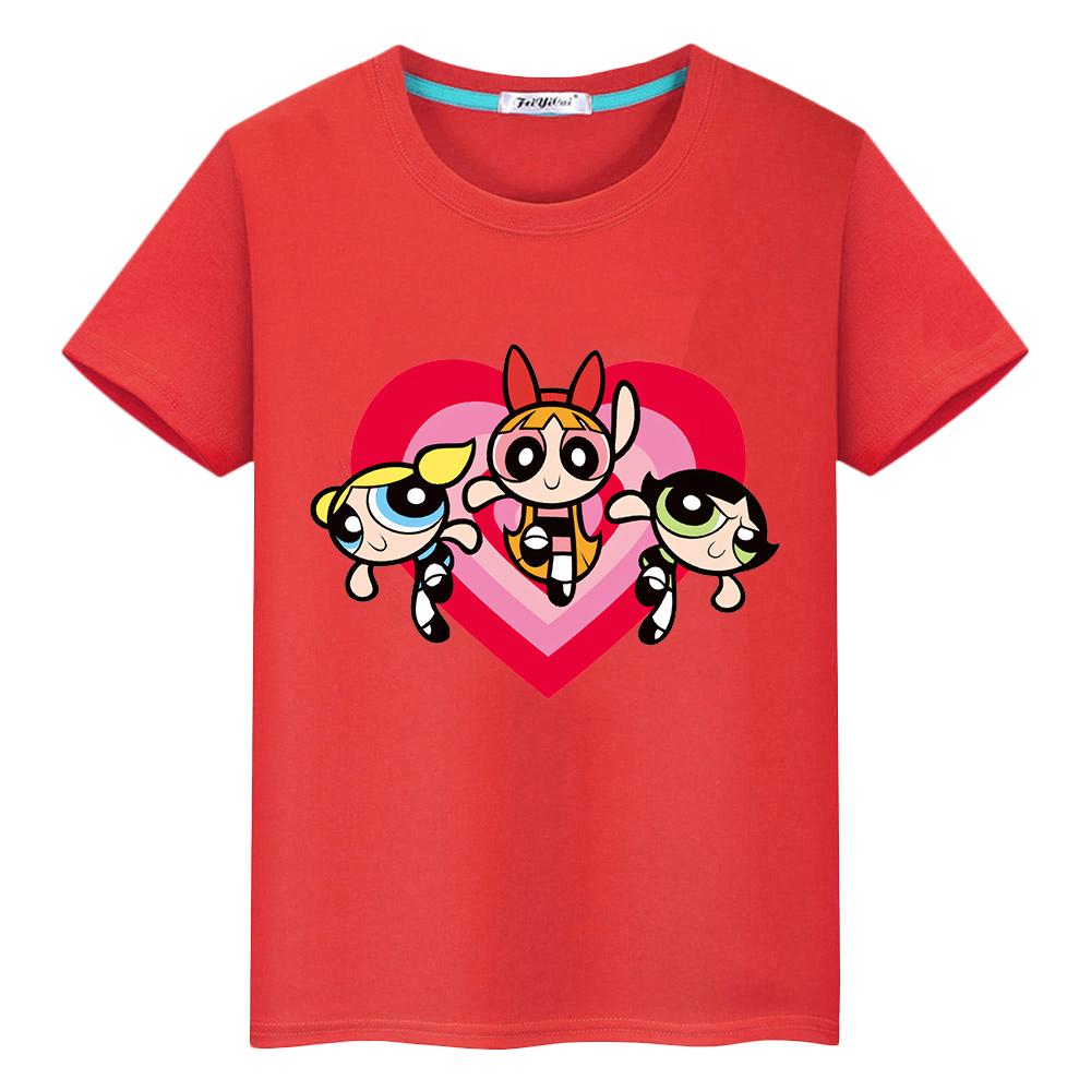 Powerpuff Girls Print T Shirt for Kids Boy 10year 100%Cotton Kawaii Tops Anime Short Pride Tshirt Y2k One Piece Girl Clothes